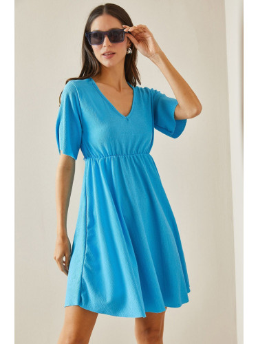 XHAN Baby Blue V-Neck Textured Dress