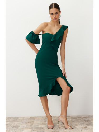 Trendyol Emerald Green Frilly Woven Elegant Evening Dress