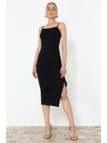 Trendyol Black Fitted Draped Knitted Elegant Evening Dress