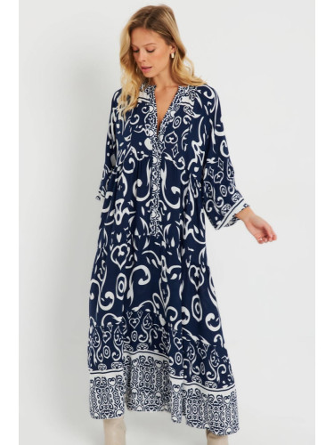 Cool & Sexy Women's Patterned Loose Maxi Dress Navy Blue Q981