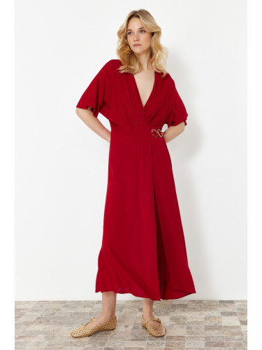 Trendyol Dark Cherry Double Breasted Accessory Tie Detail Midi Woven Dress