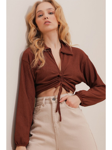 Trend Alaçatı Stili Women's Brown Polo Neck Smocked Long Sleeve Crop Knitted Blouse