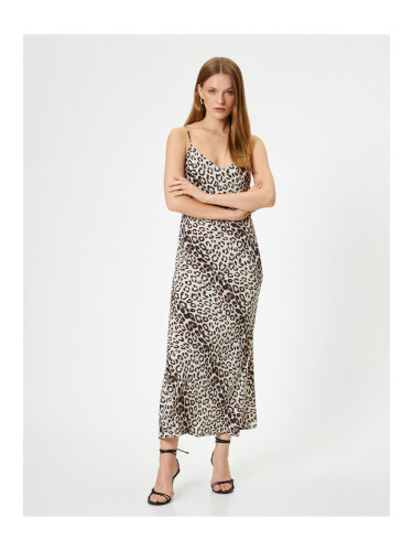 Koton Leopard Patterned Dress Thin Straps Midi Length V-Neck Viscose Fabric