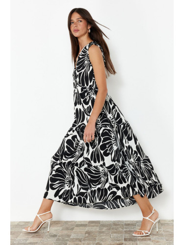 Trendyol Black Printed Double Breasted Covered Stretchy Maxi Knitted Dress with Ruffle Skirt