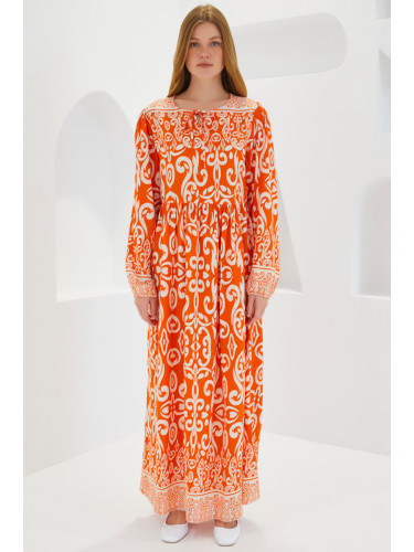 Bigdart Women's Orange Ecru Patterned Long Viscose Dress 1947