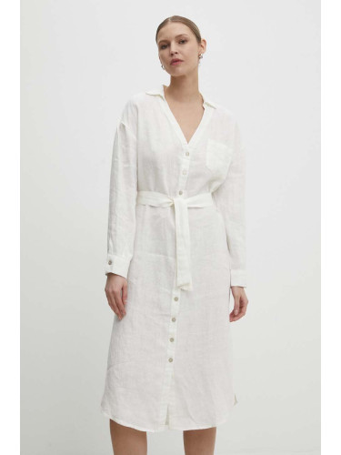 Ленена рокля Answear Lab в бяло среднодълга със стандартна кройка