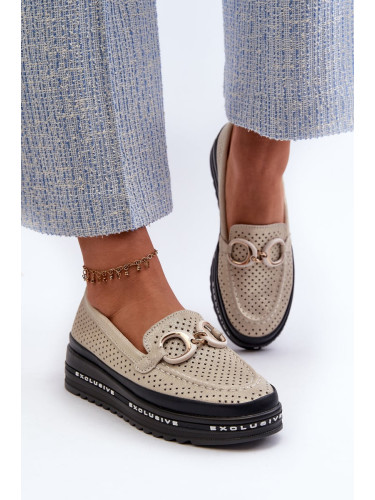 Shiny leather women's platform loafers with S.Barski Gold embellishment
