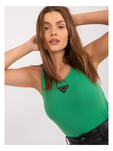 Green ribbed top with a round neckline
