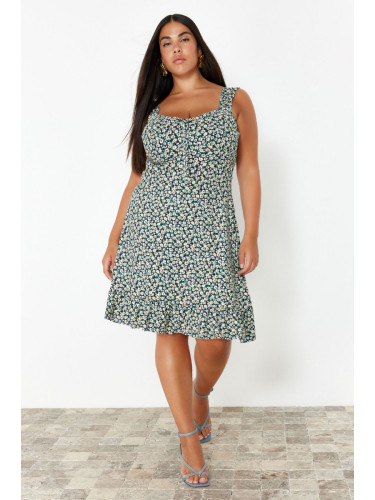 Trendyol Curve Multicolored Floral Patterned Ruffle A-Line Mini Summer Knitted Dress with Bow Collar