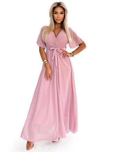 Long dress with a pleated neckline and Numoco ties