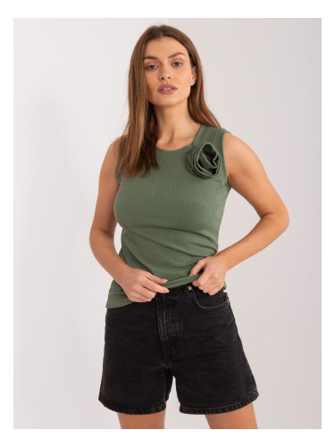 Khaki fitted top with decorative flower