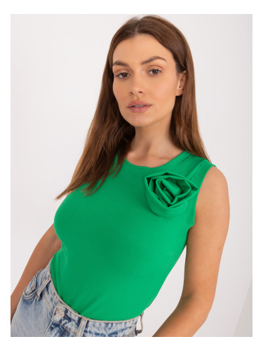 Green women's ribbed top with a round neckline