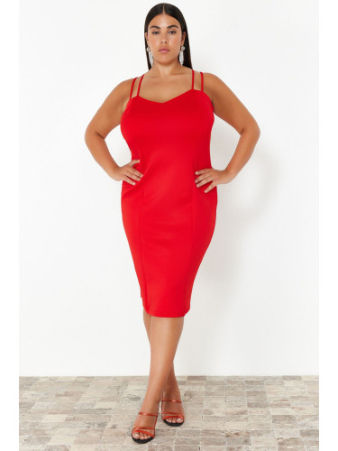 Trendyol Curve Red Sweetheart Collar Strap Summer Knitted Dress