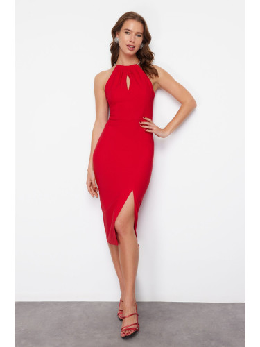 Trendyol Red Fitted Elegant Evening Dress with Woven Accessories