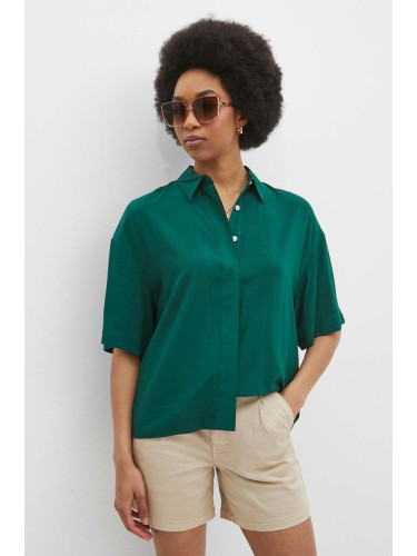 Риза Medicine дамска в зелено със свободна кройка с класическа яка