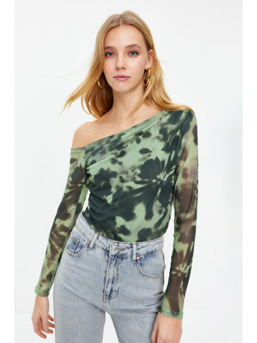 Trendyol Green Patterned Tulle Lined Asymmetric Collar Knitted Blouse