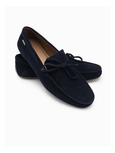 Ombre Men's leather moccasin shoes with thong and driver sole - navy blue