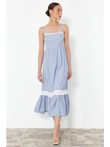 Trendyol Blue Waist Opening Guipure Detailed Maxi Woven Dress