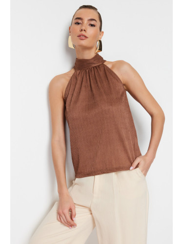 Trendyol Brown High Neck Regular Fit Pleated Knitted Blouse