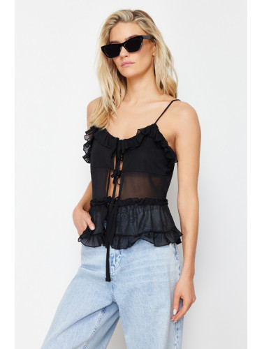 Trendyol Black Tulle Lacing Detailed Strappy Flexible Knitted Blouse
