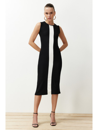 Trendyol Black Color Block Bodycone Fitted Ottoman Knitted Midi Pencil Flexible Dress