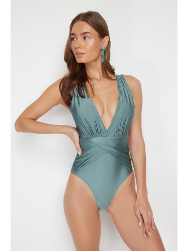 Trendyol Mint Deep Low-cut Draped Regular Core Swimsuit