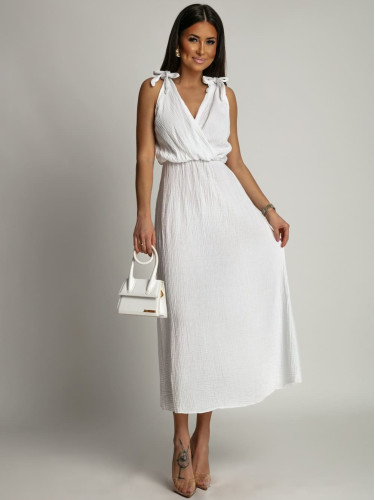 White muslin summer dress with a clutch neckline