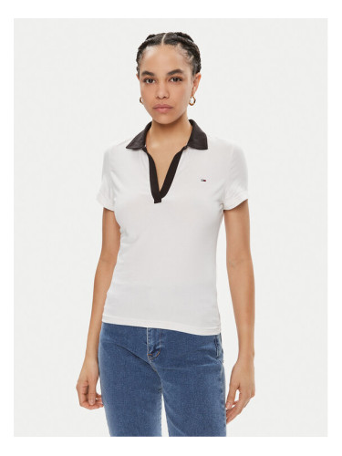 Tommy Jeans Тениска с яка и копчета Contrast DW0DW17225 Бял Slim Fit