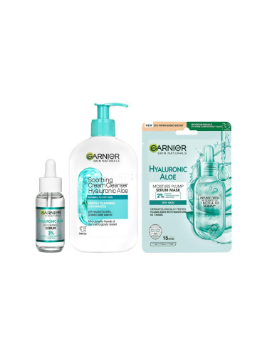 Пакет с отстъпка Серум за лице Garnier Skin Naturals Hyaluronic Aloe Replumping Super Serum + Маска за лице Garnier Skin Naturals Hyaluronic Aloe Serum Tissue Mask + Почистващ крем Garnier Skin Naturals Hyaluronic Aloe Soothing Cream Cleanser