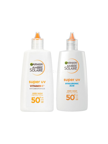 Пакет с отстъпка Слънцезащитен продукт за лице Garnier Ambre Solaire Super UV Hyaluronic Acid SPF50+ + Слънцезащитен продукт за лице Garnier Ambre Solaire Super UV Vitamin C SPF50+