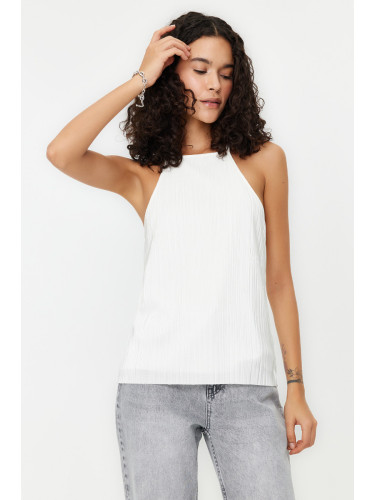Trendyol White Pleat Regular/Normal Fit Barbell Neck Stretch Knitted Blouse