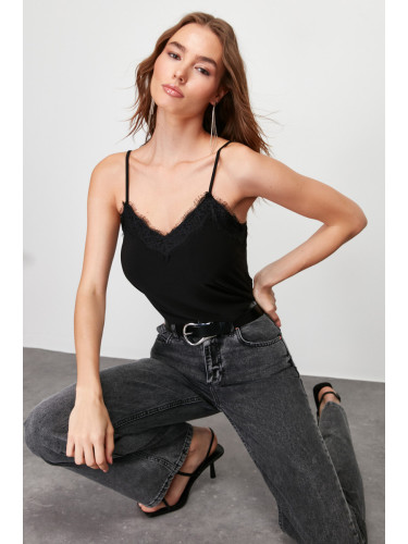 Trendyol Black Lace Detailed V Neck Strappy Elastic Knitted Blouse
