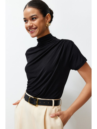 Trendyol Black Shirring/Drape Detailed Fitted/Fitted Short Sleeve Stand Collar Stretch Knitted Blouse