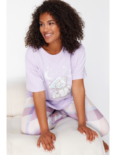 Trendyol Curve Lilac Printed Checked Knitted Pajama Set