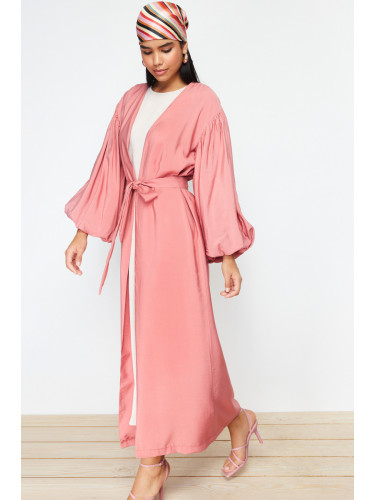 Trendyol Pale Pink Belted Long Woven Cap & Abaya & Abaya