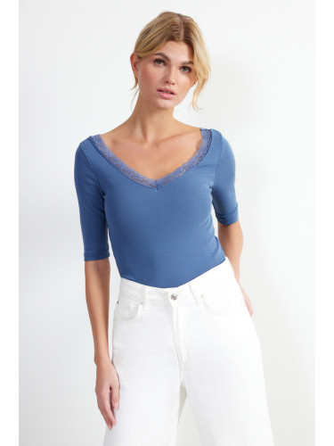 Trendyol Indigo Lace Detail V Neck Fitted Cotton Stretch Knitted Blouse