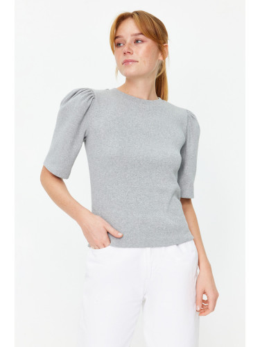 Trendyol Gray Melange Balloon Sleeve Crew Neck Ribbed Stretchy Knitted Blouse