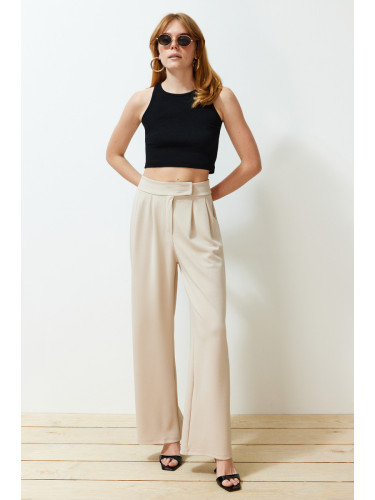 Trendyol Stone Hook and Loop Closure High Waist Pleated Wide Leg/Wide Cut Knitted Trousers