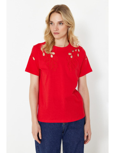 Trendyol Red Brode Embroidered Basic/Regular Pattern Knitted T-Shirt