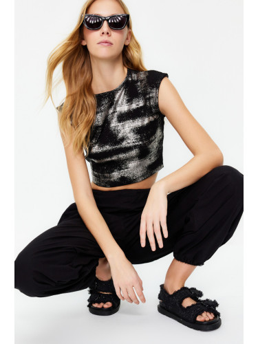 Trendyol Black Foil/Glossy Print Fitted Crop Cotton Stretch Knit Blouse