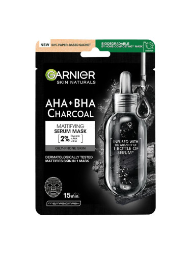 Garnier Skin Naturals AHA + BHA Charcoal Mattifying Serum Mask Маска за лице за жени 1 бр