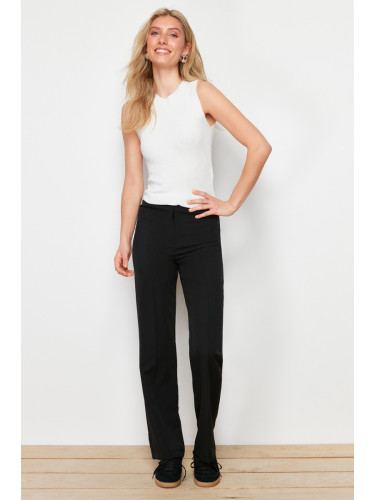 Trendyol Black Straight Cut High Waist Ribbed Stitched Woven Trousers