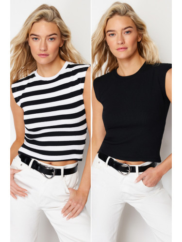 Trendyol 2-Pack Black-Multicolor Striped and Straight Ribbed Crop Moon Sleeve Elastic Knitted Blouse
