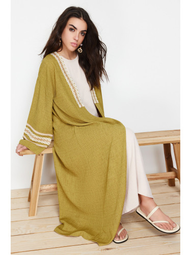 Trendyol Oil Green Brode Detail Long Woven Kimono & Kaftan & Abaya