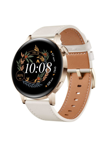 Смарт часовник Huawei Watch GT 3, 42mm (Milo-B19V), 1.32" (3.35 cm) AMOLED дисплей, GPS, сензор за въздушно налягане/температура, водоустойчив, златист с бяла каишка