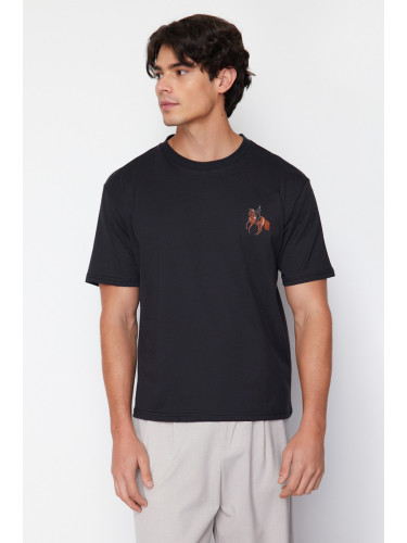 Trendyol Black Relaxed/Comfortable Fit Horse/Animal Embroidered Short Sleeve 100% Cotton T-Shirt
