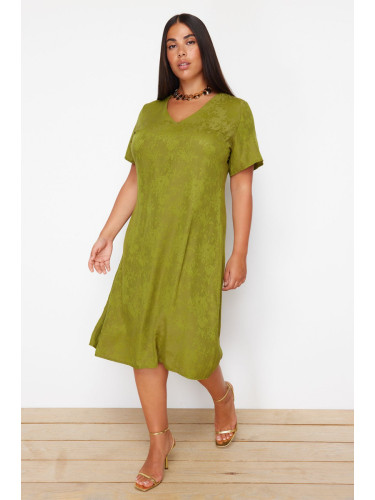 Trendyol Curve Khaki V-Neck Jacquard Floral Patterned Woven Plus Size Dress