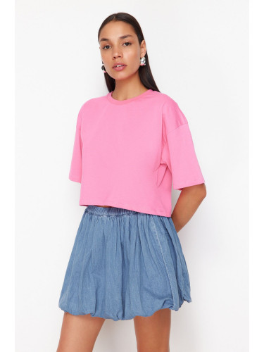 Trendyol Premium Pink 100% Cotton Basic Crop Knitted T-Shirt