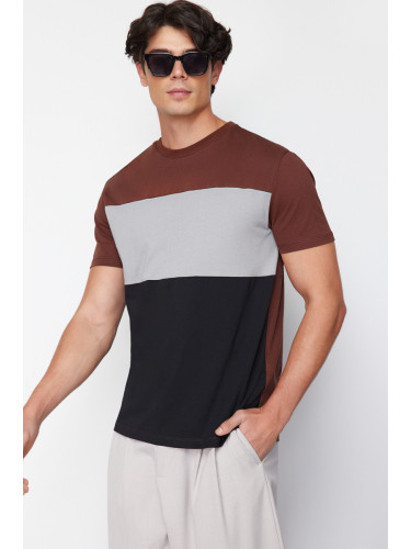 Trendyol Brown Regular Cut Color Blocked 100% Cotton T-Shirt