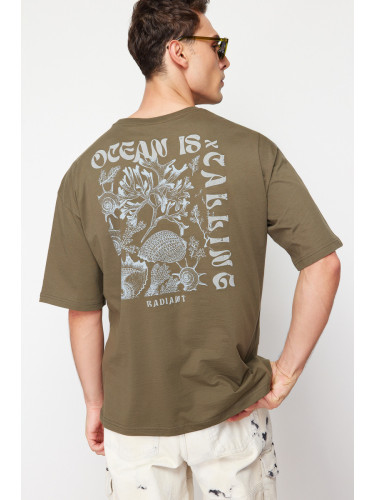 Trendyol Khaki Oversize/Wide-Fit Back Fluffy Text Printed 100% Cotton T-shirt